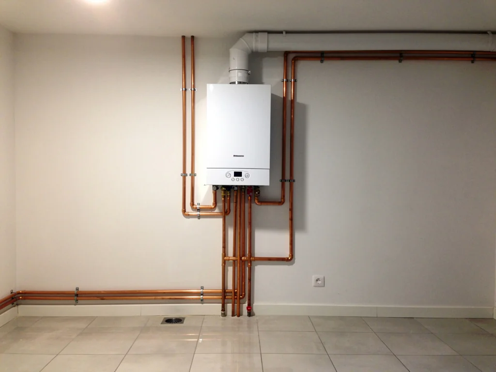 Chaudière gaz à condensation fixée au mur, réseau de cuivre aligné et vannes restées accessibles