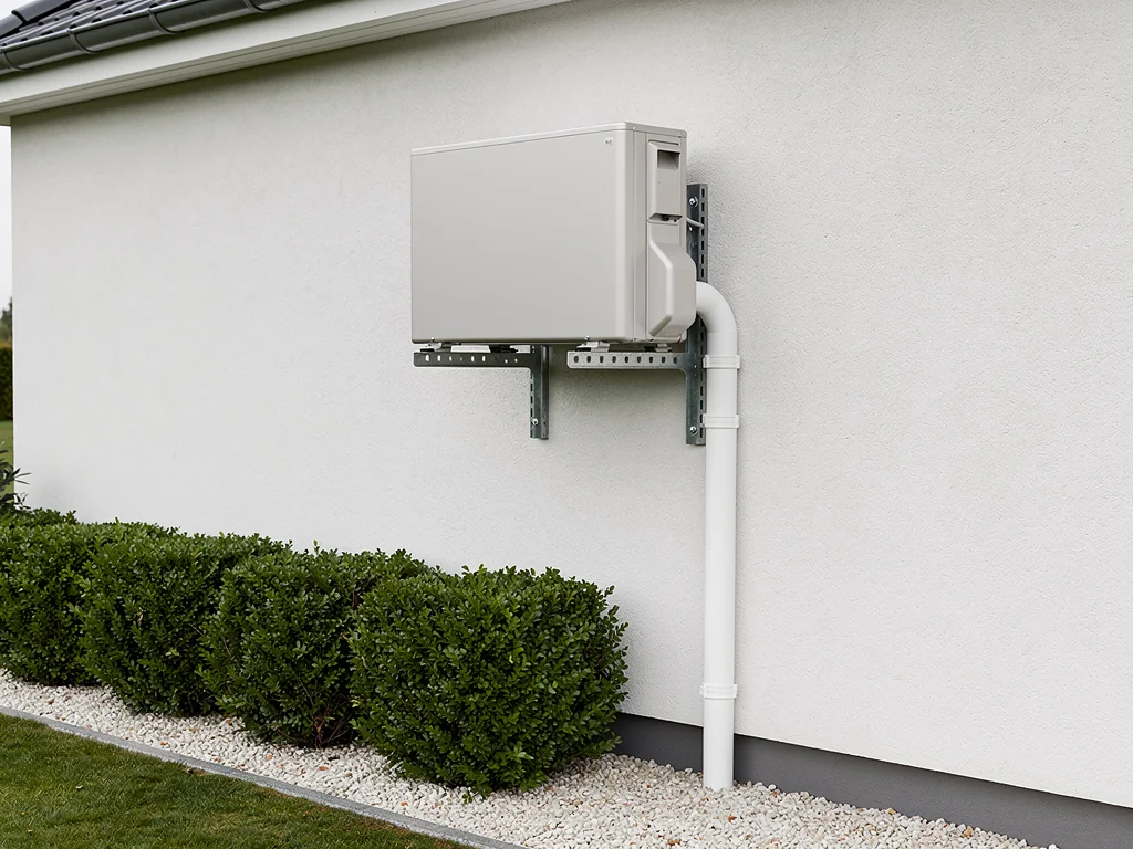 Groupe extérieur de pompe à chaleur air/air sur consoles, condensats descendus le long de la façade